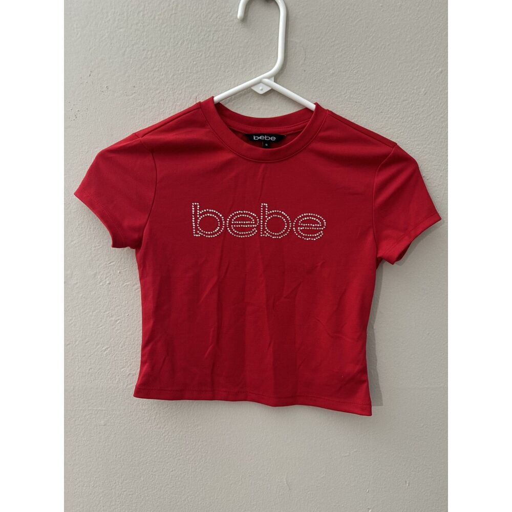 Bebe Red Rhinestone Logo Short Sleeve Crop Top Size Small